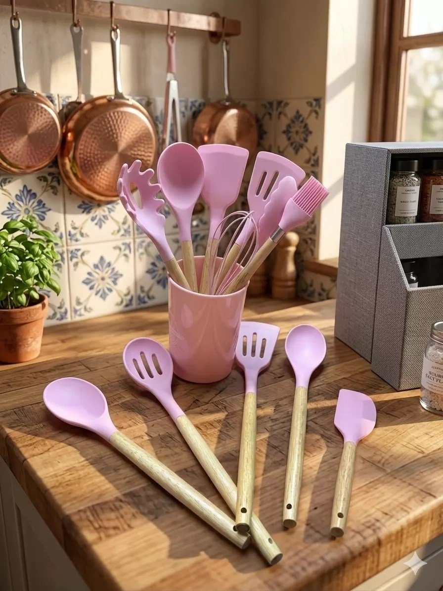 Mey İthalat® 12 Parça Bambu Saplı Silikon Mutfak Gereçleri Seti - Pembe Mutfak Servis Seti