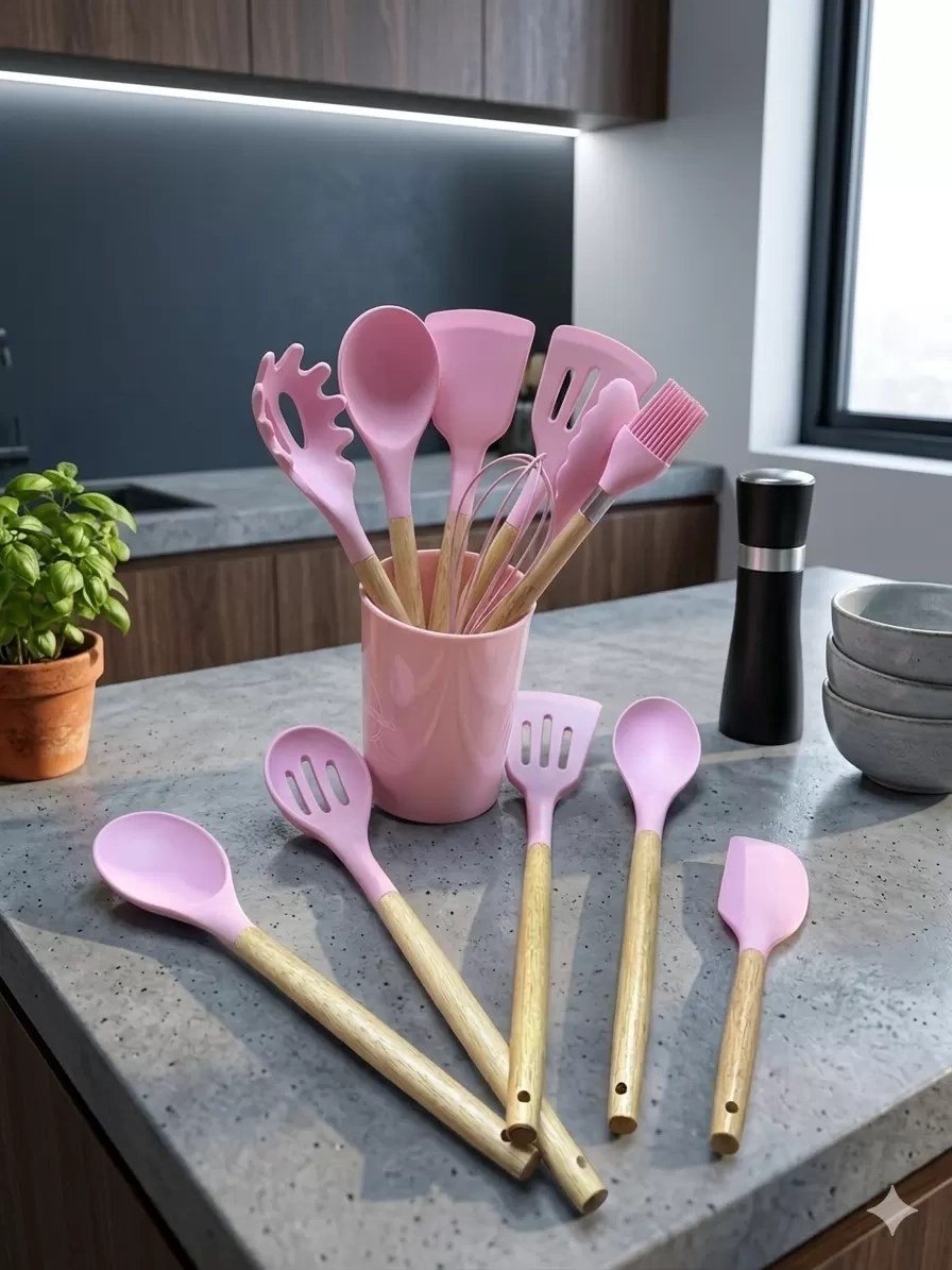 Mey İthalat® 12 Parça Bambu Saplı Silikon Mutfak Gereçleri Seti - Pembe Mutfak Servis Seti