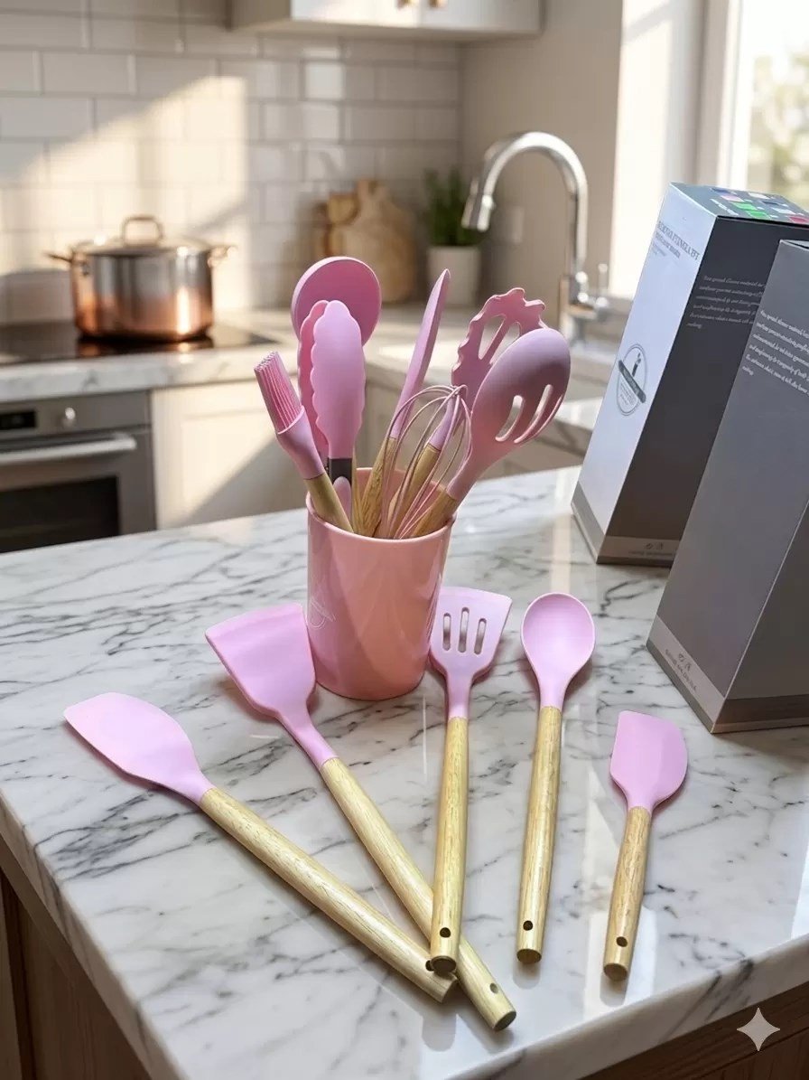 Mey İthalat® 12 Parça Bambu Saplı Silikon Mutfak Gereçleri Seti - Pembe Mutfak Servis Seti