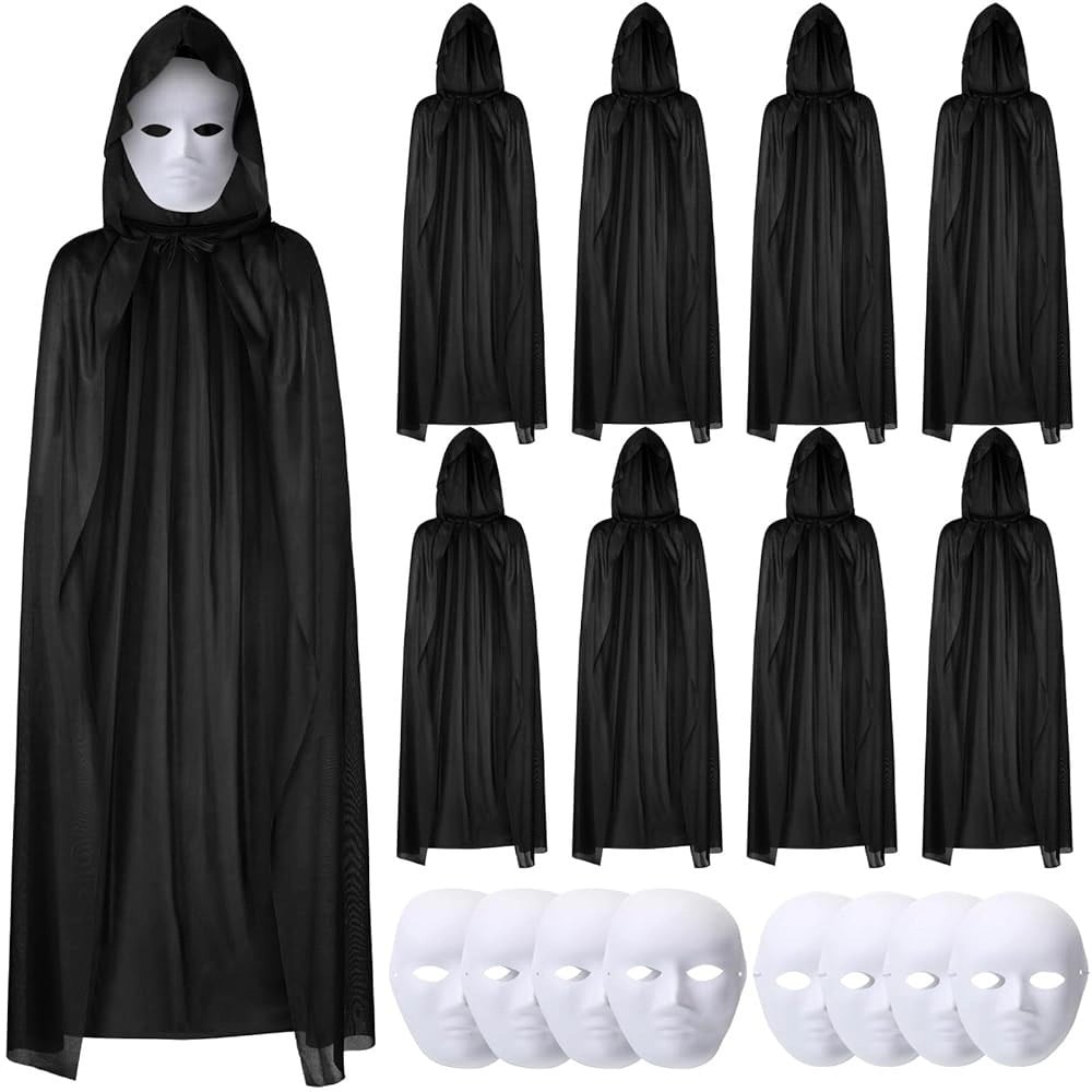 Mey İthalat® 120 cm Siyah Kapüşonlu Pelerin ve Boyanabilir Karton Maske 8’li Set