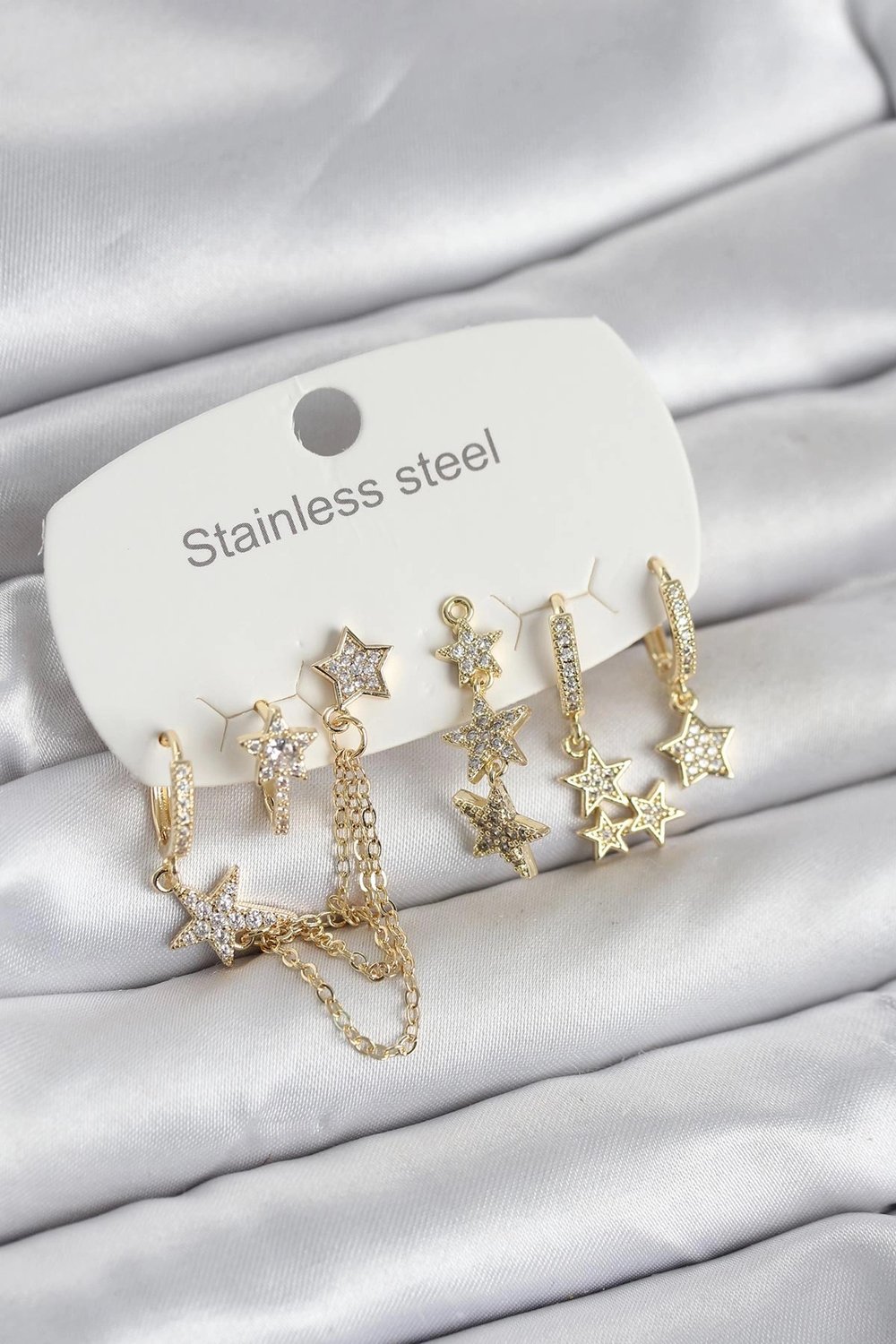 Mey İthalat® 316L Çelik Gold Renk 6'lı Set Zincirli Yıldız Modelli Kadın Küpe