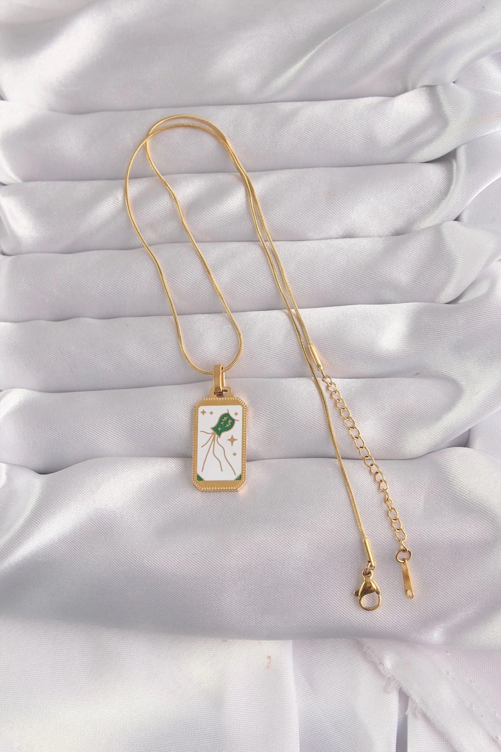 Mey İthalat® 316L Çelik Gold Renk Beyaz Mineli Tarot Kolye