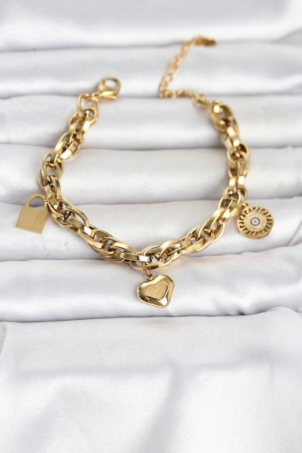 Mey İthalat® 316L Çelik Gold Renk Charmlı Kalın Burgu Model Kadın Bileklik