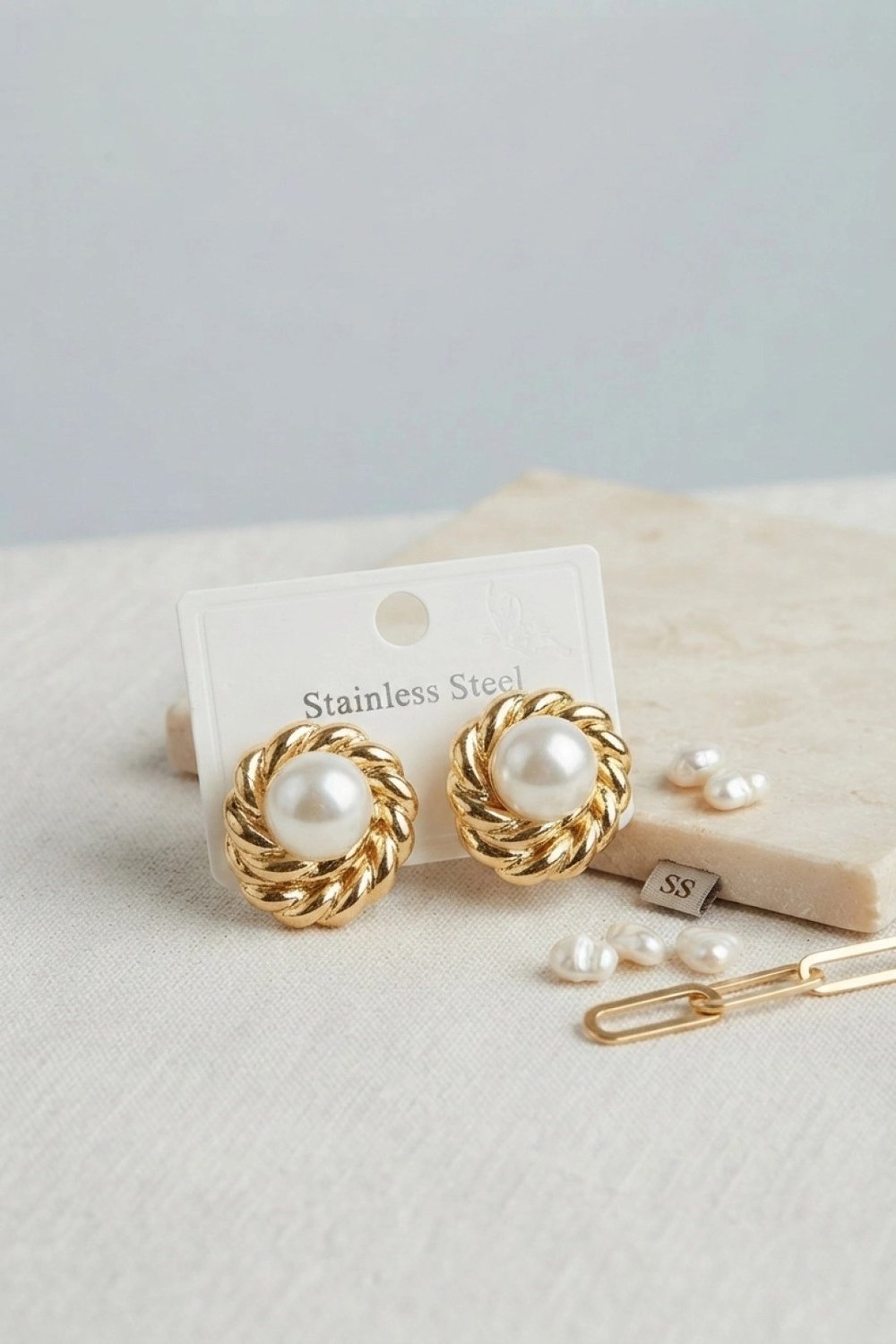 Mey İthalat® 316L Çelik Gold Renk İncili Model Kadın Küpe