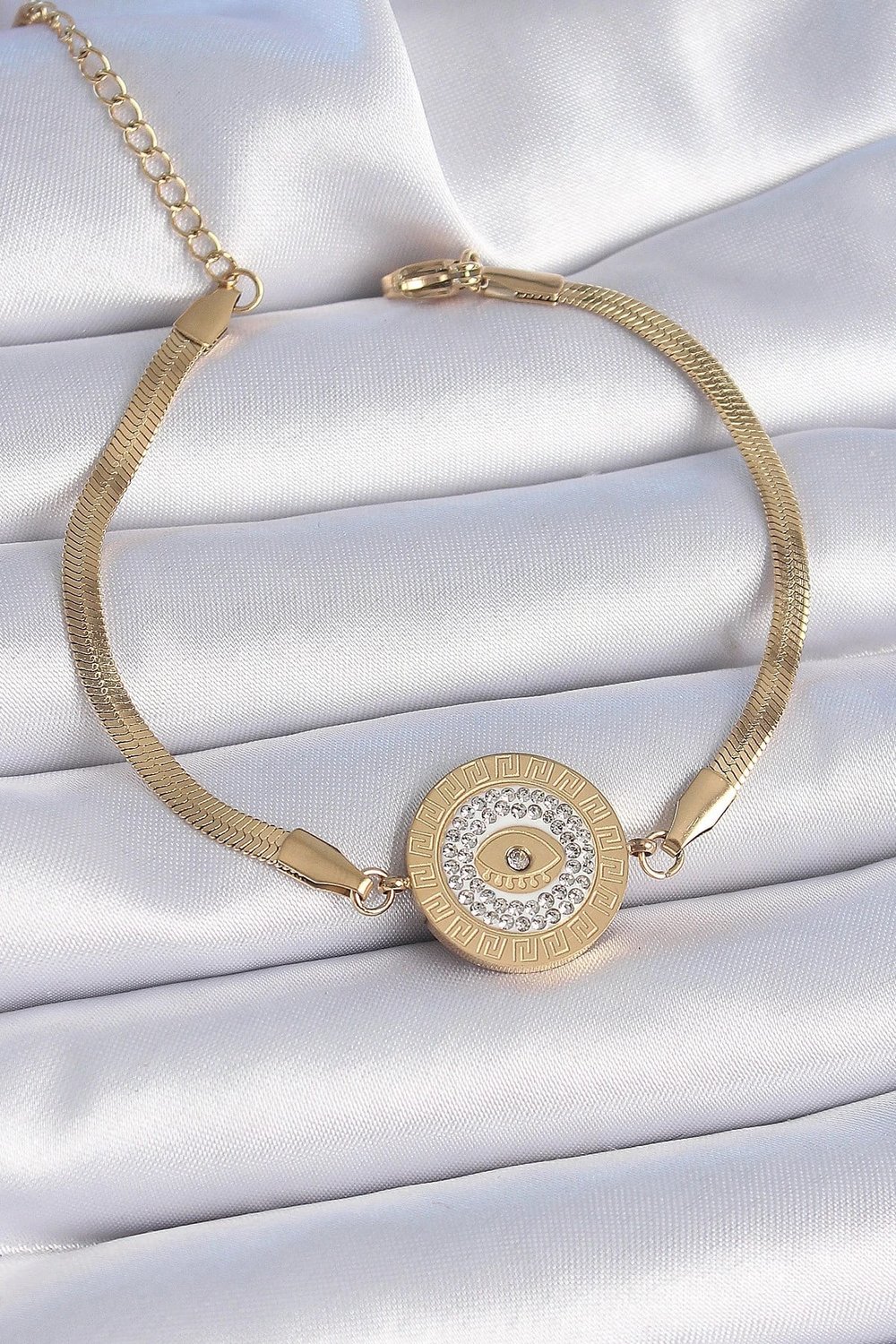 Mey İthalat® 316L Çelik Gold Renk İtalyan Zincir Zirkon Taşlı Göz İşlemeli Madalyon Model Kadın Bileklik