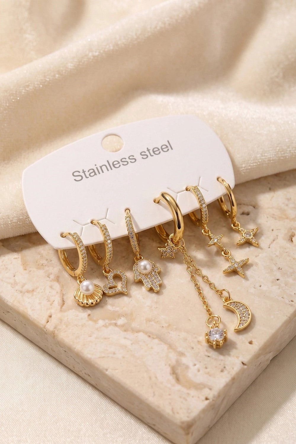 Mey İthalat® 316L Çelik Gold Renk Zincir Detaylı Zirkon Taşlı Kadın Küpe Seti