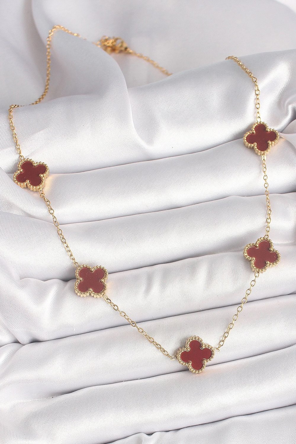Mey İthalat® 316L Çelik Gold Renk Zincir Bordo Yonca Model Kadın Kolye