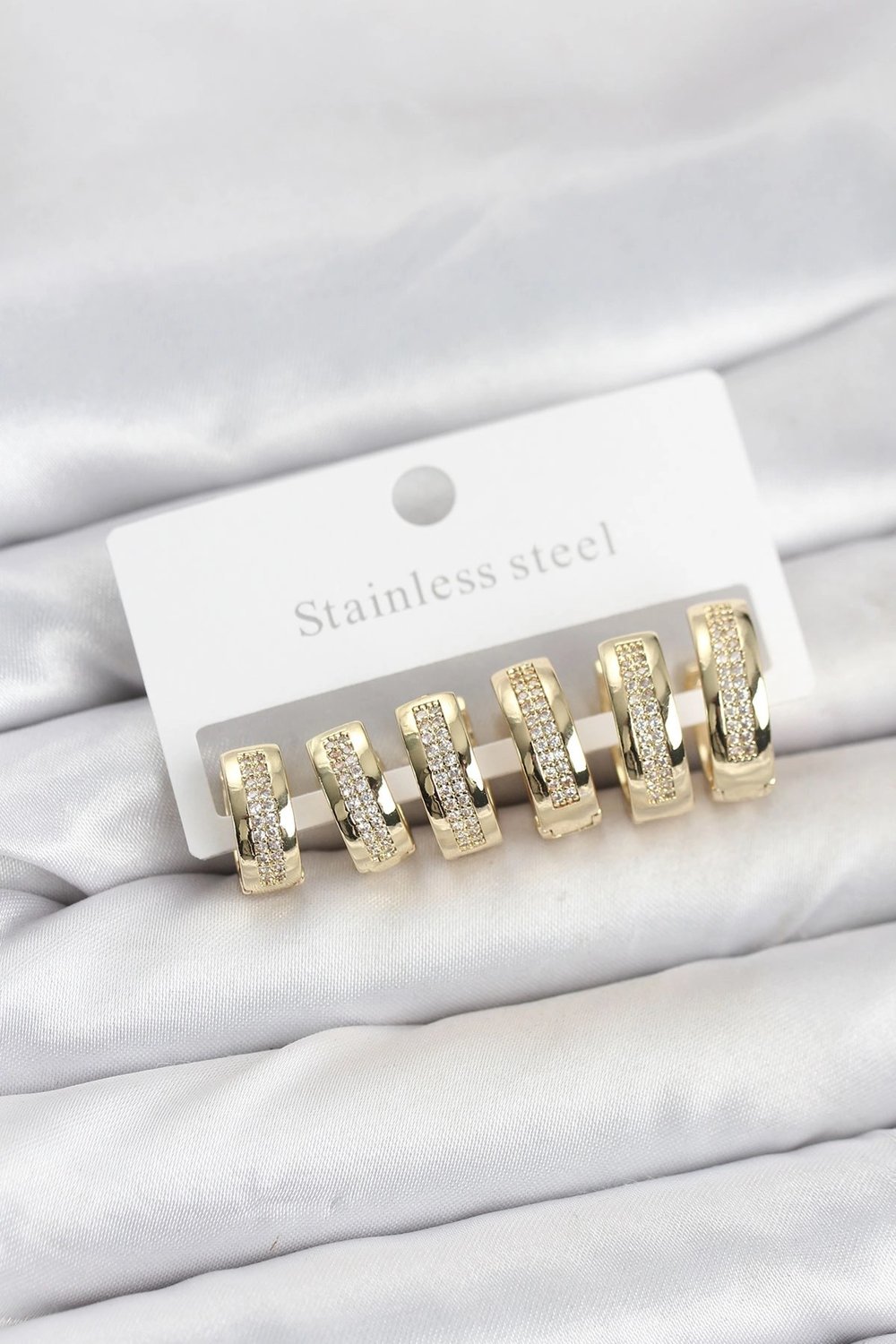 Mey İthalat® 316L Çelik Gold Renk Zirkon Taşlı Halka Küpe Seti