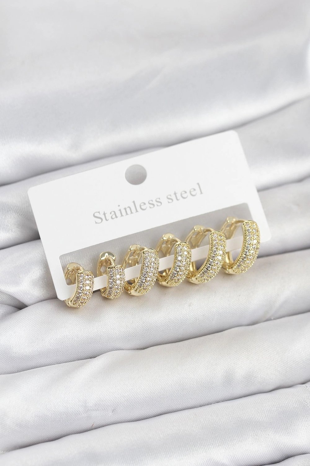 Mey İthalat® 316L Çelik Gold Renk Zirkon Taşlı Halka Küpe Seti