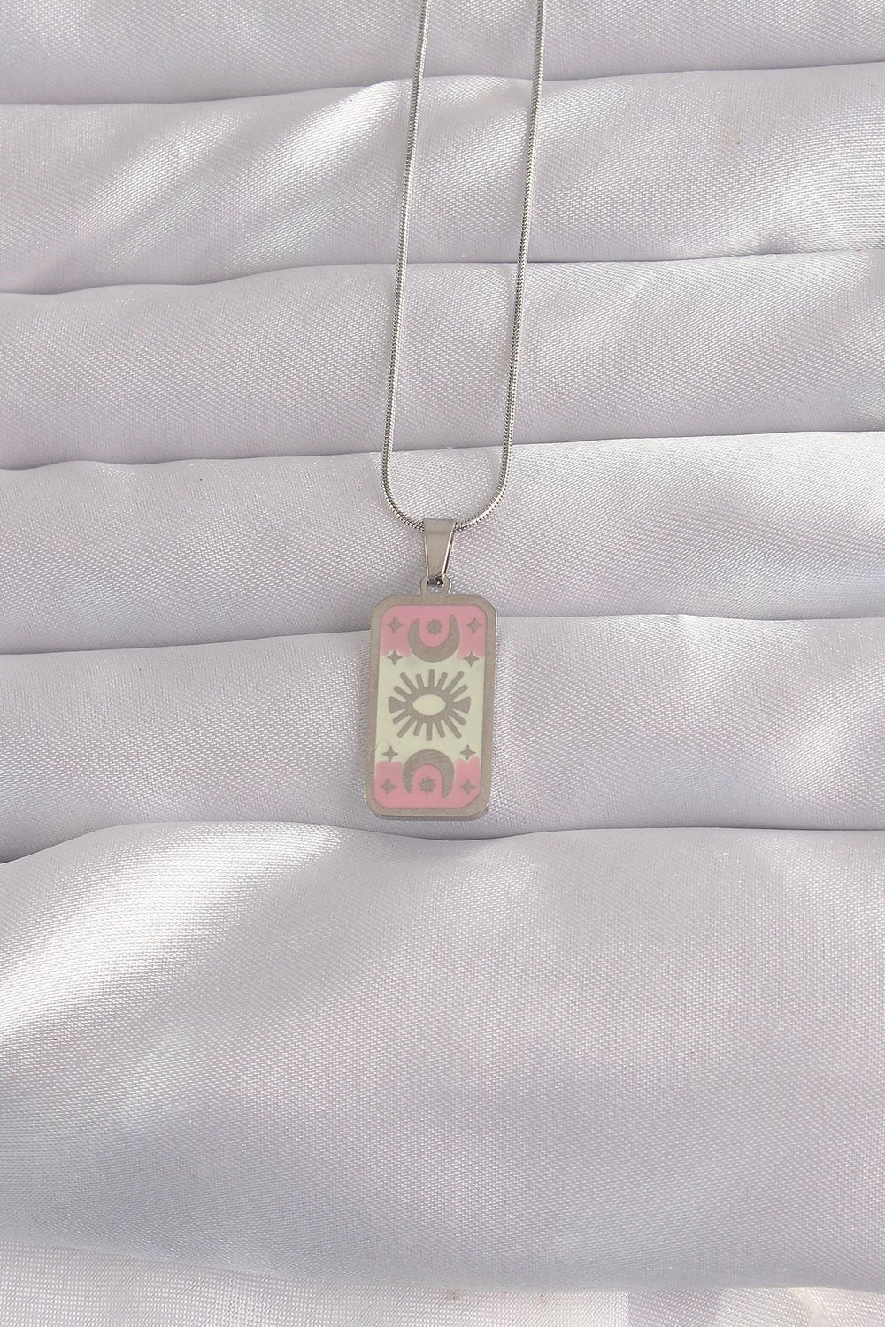 Mey İthalat® 316L Çelik Gümüş Renk Pembe Mineli Ay Figür Tarot Kolye