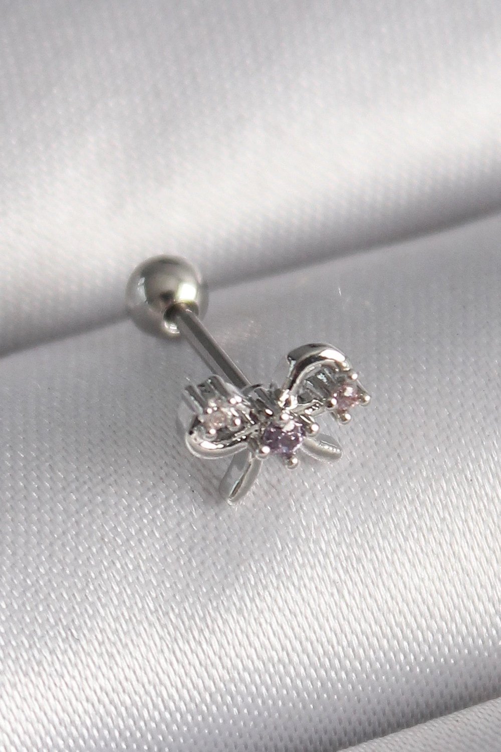 Mey İthalat® 316L Çelik Gümüş Renk Zirkon Taşlı Kurdele Tragus Piercing