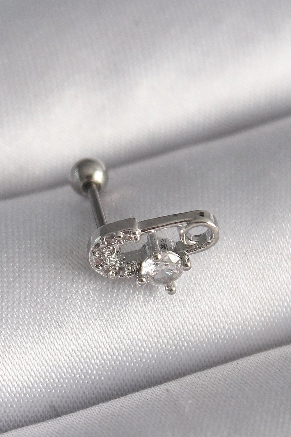 Mey İthalat® 316L Çelik Gümüş Renk Zirkon Taşlı Toplu İğne Tragus Piercing