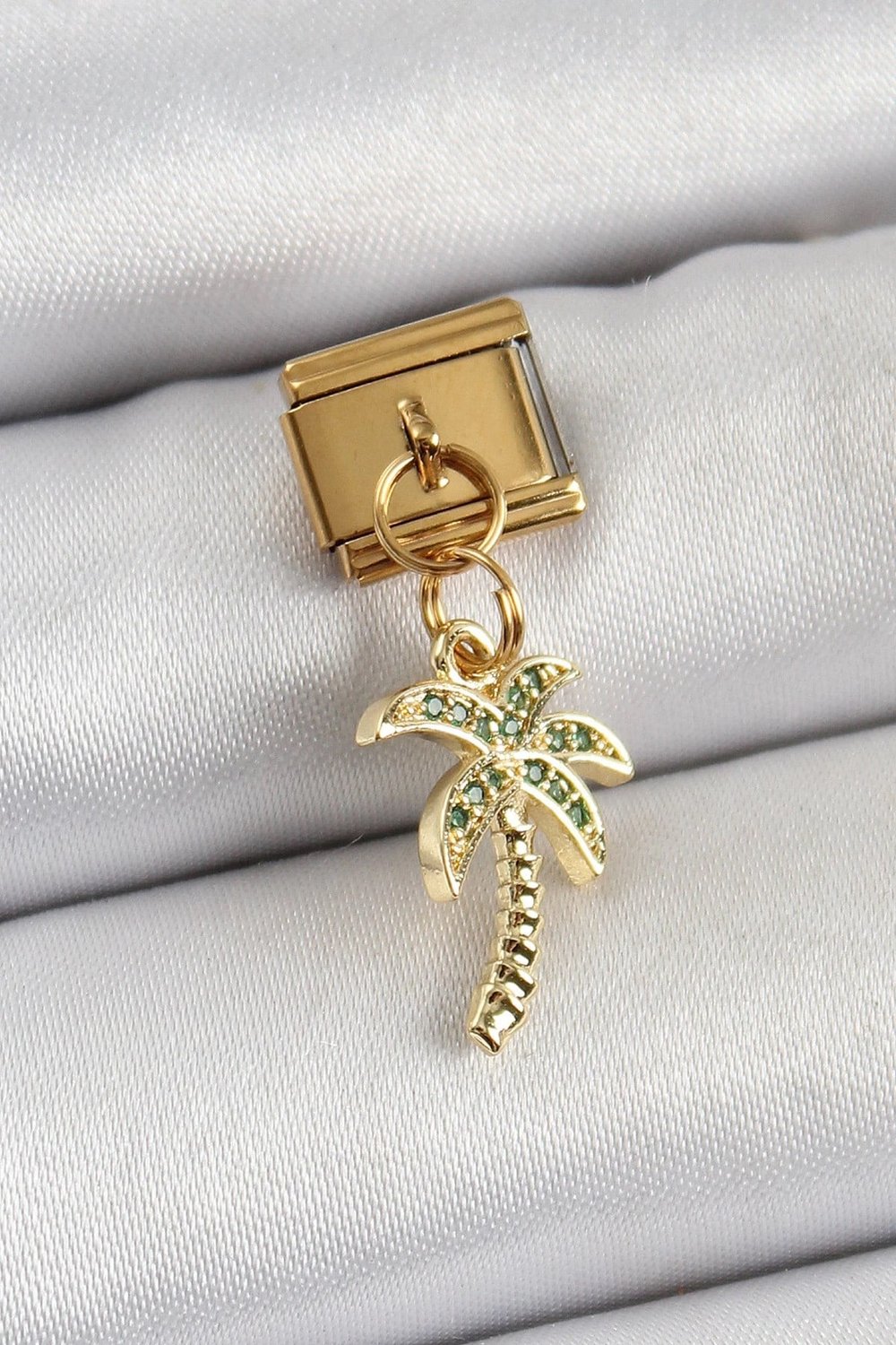 Mey İthalat® 316L Çelik Sallantılı Zirkon Taşlı Palmiye Ağacı Model Gold Renk Nomination Charm