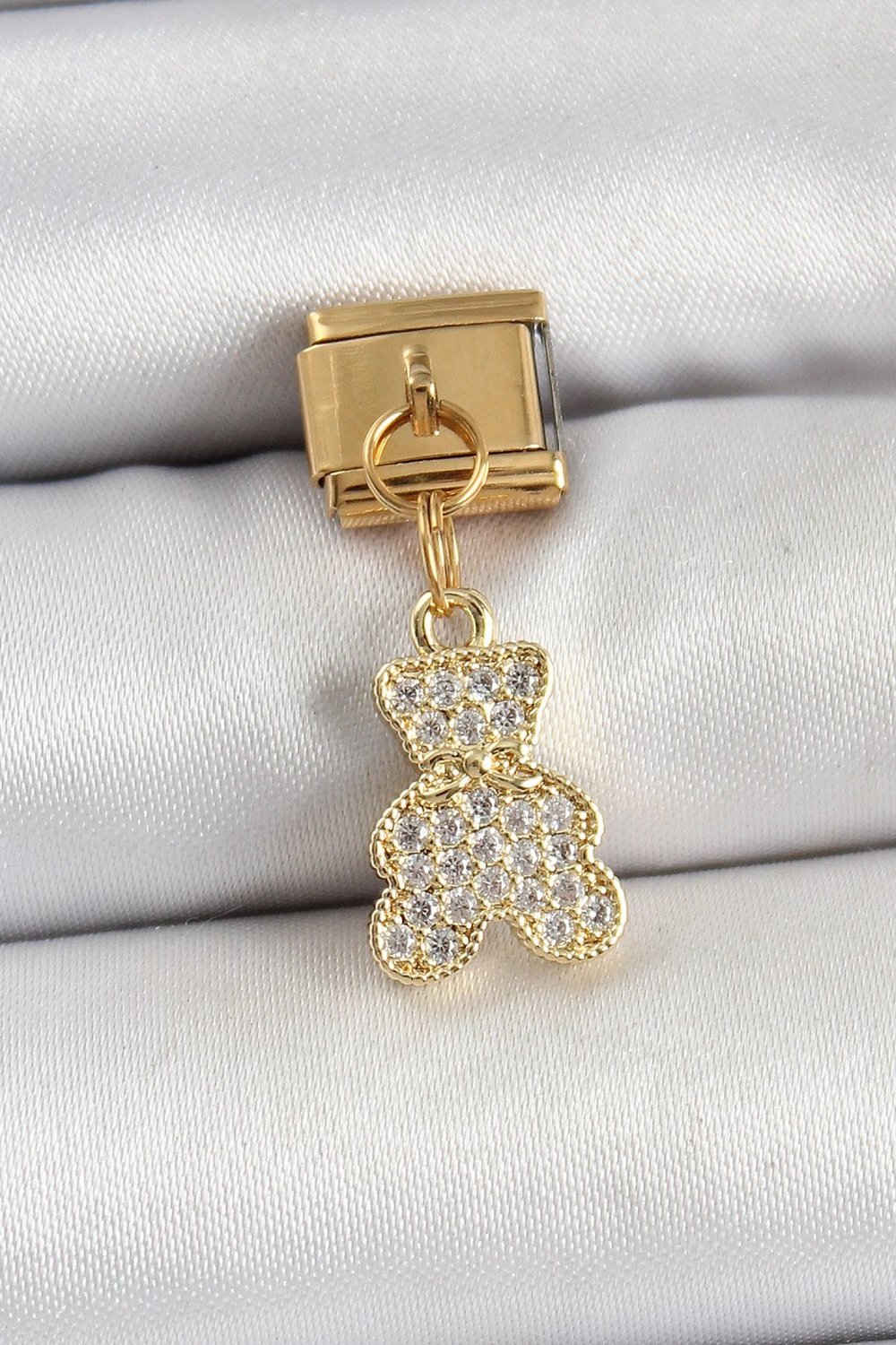 Mey İthalat® 316L Çelik Sallantılı Zirkon Taşlı Ayıcık Model Gold Renk Nomination Charm