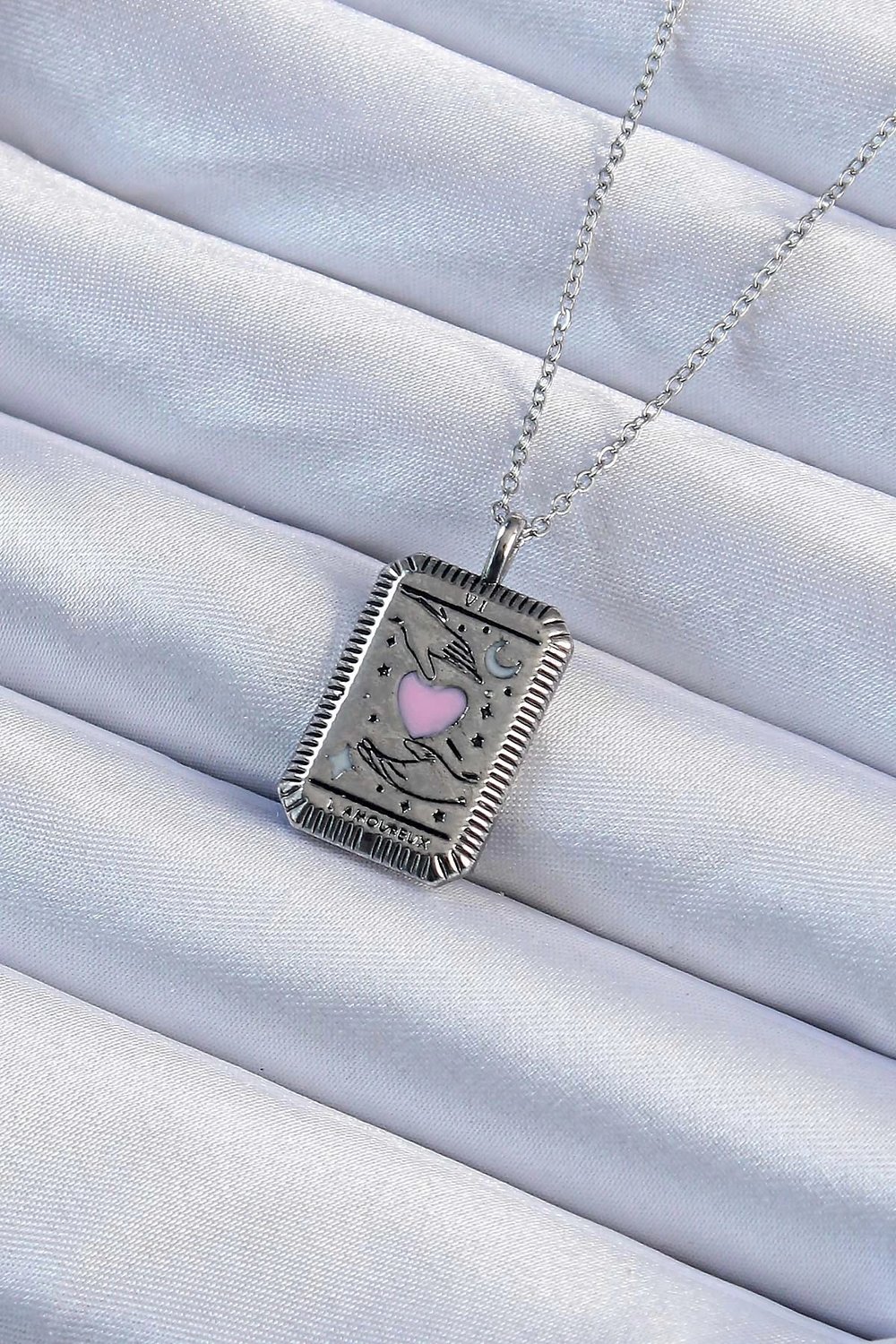 Mey İthalat® 316L Çelik Zincir Eskitme Gümüş Renk Pembe Mineli Kalp Figürlü Tarot Kolye