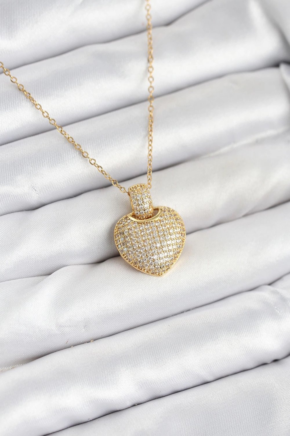 Mey İthalat® 316L Çelik Zincir Gold Renk Zirkon Taşlı Kalpli Kadın Kolye