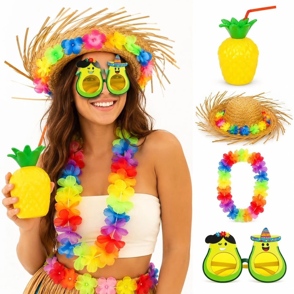 Mey İthalat® 4 Parça Hawaii Parti Seti Ananas Bardak Hasır Şapka Avokado Gözlük Çiçek Kolye