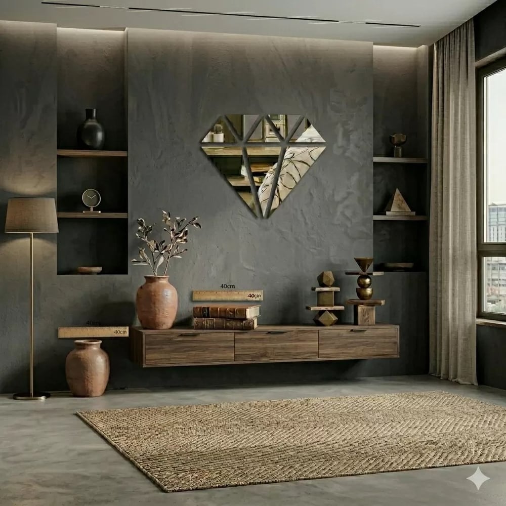 Mey İthalat® 40x40 cm Elmas Formlu Kırılmaz Pleksi Ayna - Geometrik Duvar Dekoru