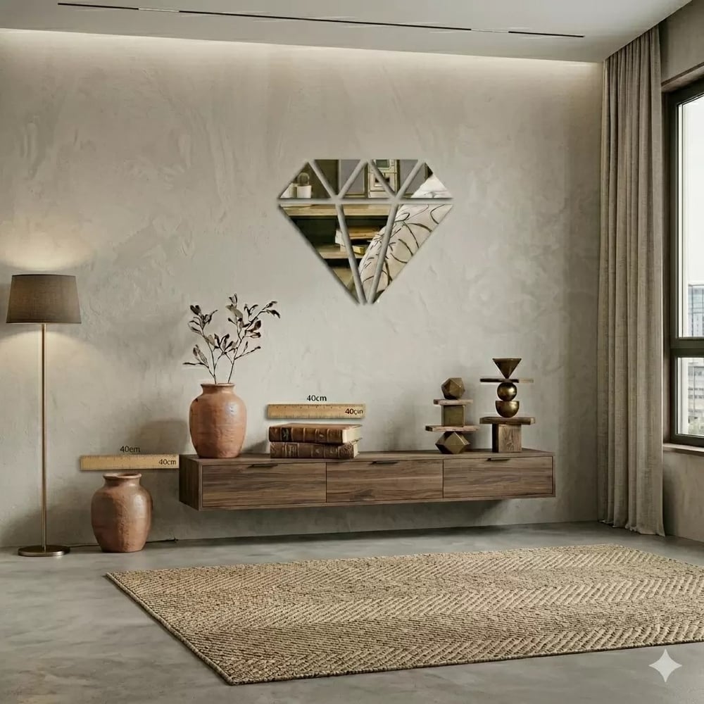 Mey İthalat® 40x40 cm Elmas Formlu Kırılmaz Pleksi Ayna - Geometrik Duvar Dekoru