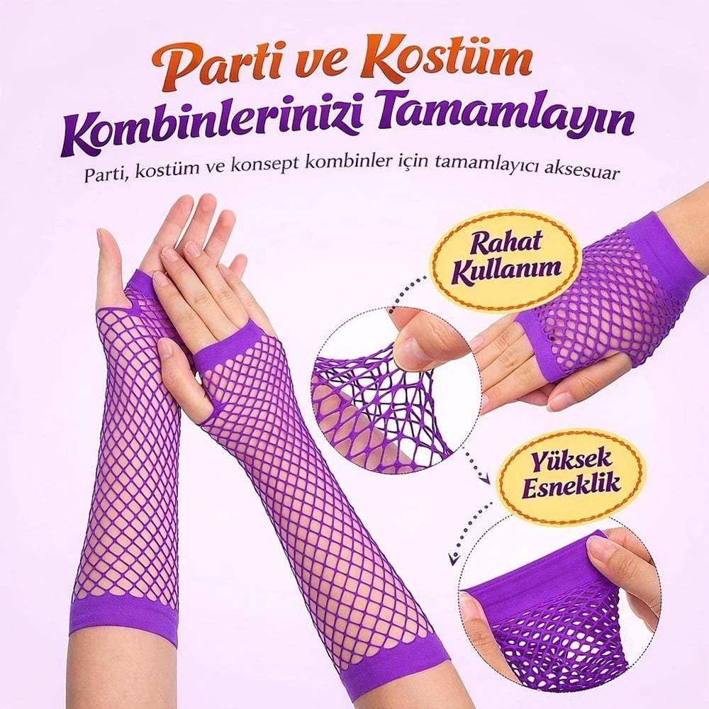 Mey İthalat® 80’ler 90’lar Retro Mor File Parmaksız Eldiven 26 cm