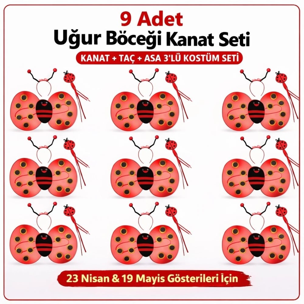 Mey İthalat® 9’lu Uğur Böceği Kostüm Seti – Kanat Taç Asa