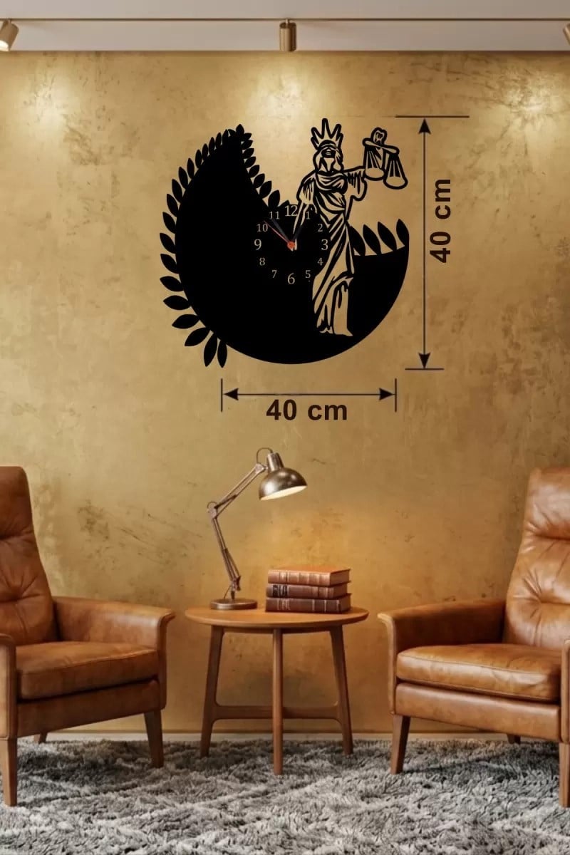 Mey İthalat® Adalet Tanrıçası Themis Tasarım Ahşap Duvar Saati - 40x40 cm Avukat Hediyesi