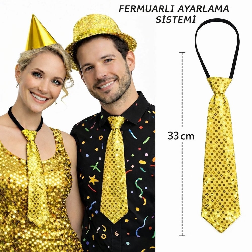 Mey İthalat® Altın Renk Pul Payetli Işıltılı Parti Kravatı 33 cm