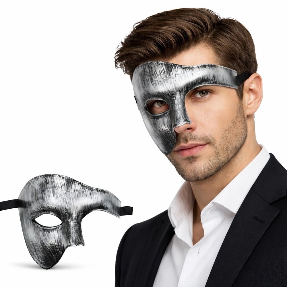 Mey İthalat® Antik Eskitme Gümüş Erkek Yarım Maske - Phantom & Balo Maskesi