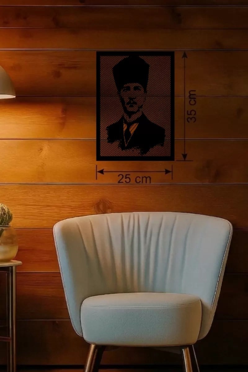 Mey İthalat® Atatürk Line Art Metal Görünümlü Ahşap Tablo - Modern Ofis ve Ev Dekoru