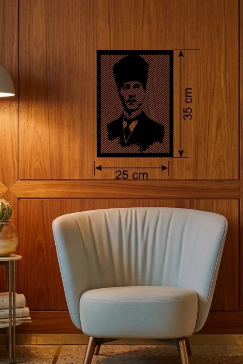Mey İthalat® Atatürk Line Art Metal Görünümlü Ahşap Tablo - Modern Ofis ve Ev Dekoru