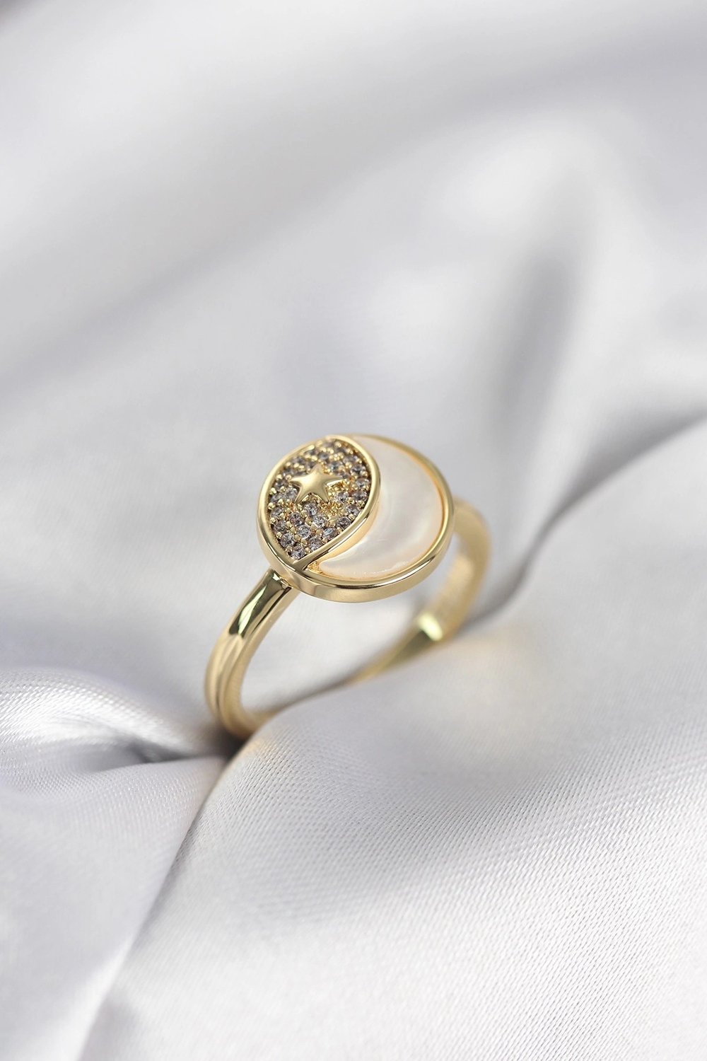Mey İthalat® Ay Yıldız Model Gold Renk Zirkon Taşlı Kadın Yüzük