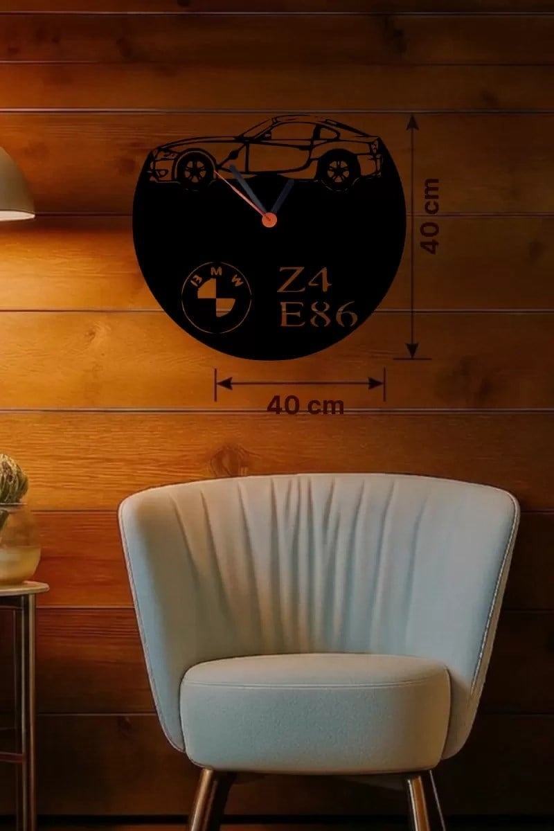 Mey İthalat® BMW Z4 E86 Tasarım Ahşap Duvar Saati - 40x40 cm Lazer Kesim Dekoratif