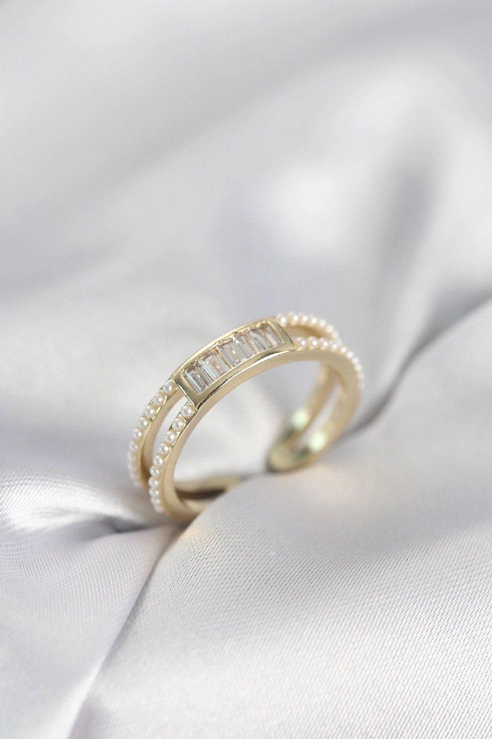 Mey İthalat® Baget Zirkon Taşlı Gold Renk İncili Kadın Yüzük