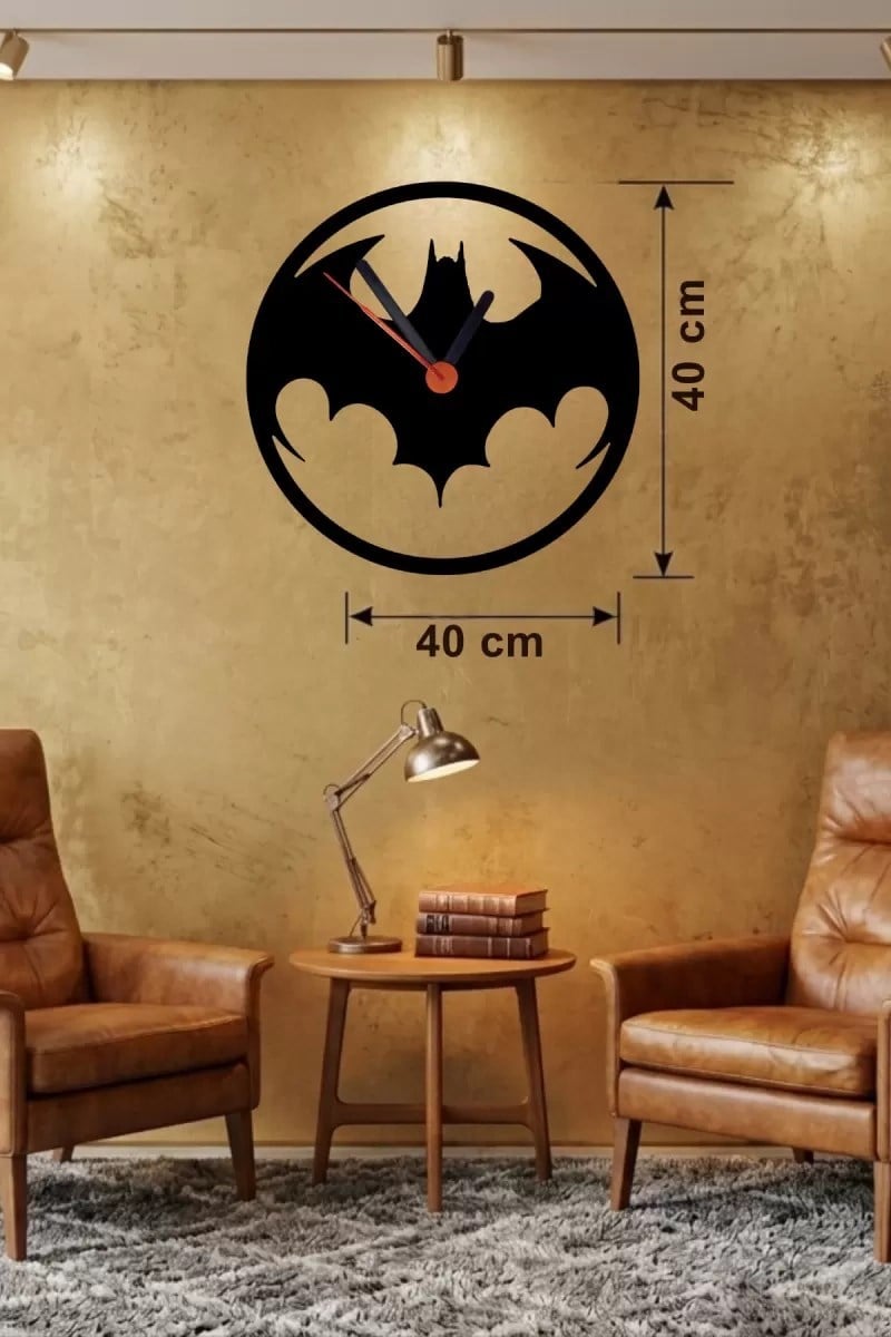 Mey İthalat® Batman Yarasa Logolu Ahşap Duvar Saati - 40x40 cm Dekoratif DC Temalı