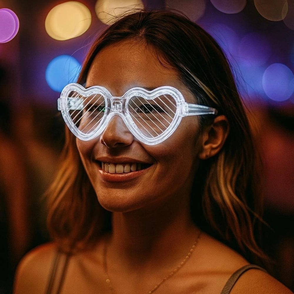 Mey İthalat® Beyaz LED Işıklı Kalp Gözlük – 3 Modlu Parti & Glow Gözlüğü
