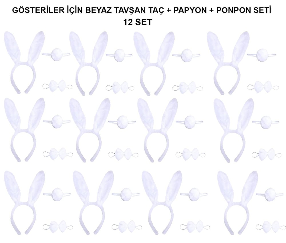Mey İthalat® Beyaz Tavşan Kostüm Seti – Taç, Papyon, Kuyruk (12’li Paket)