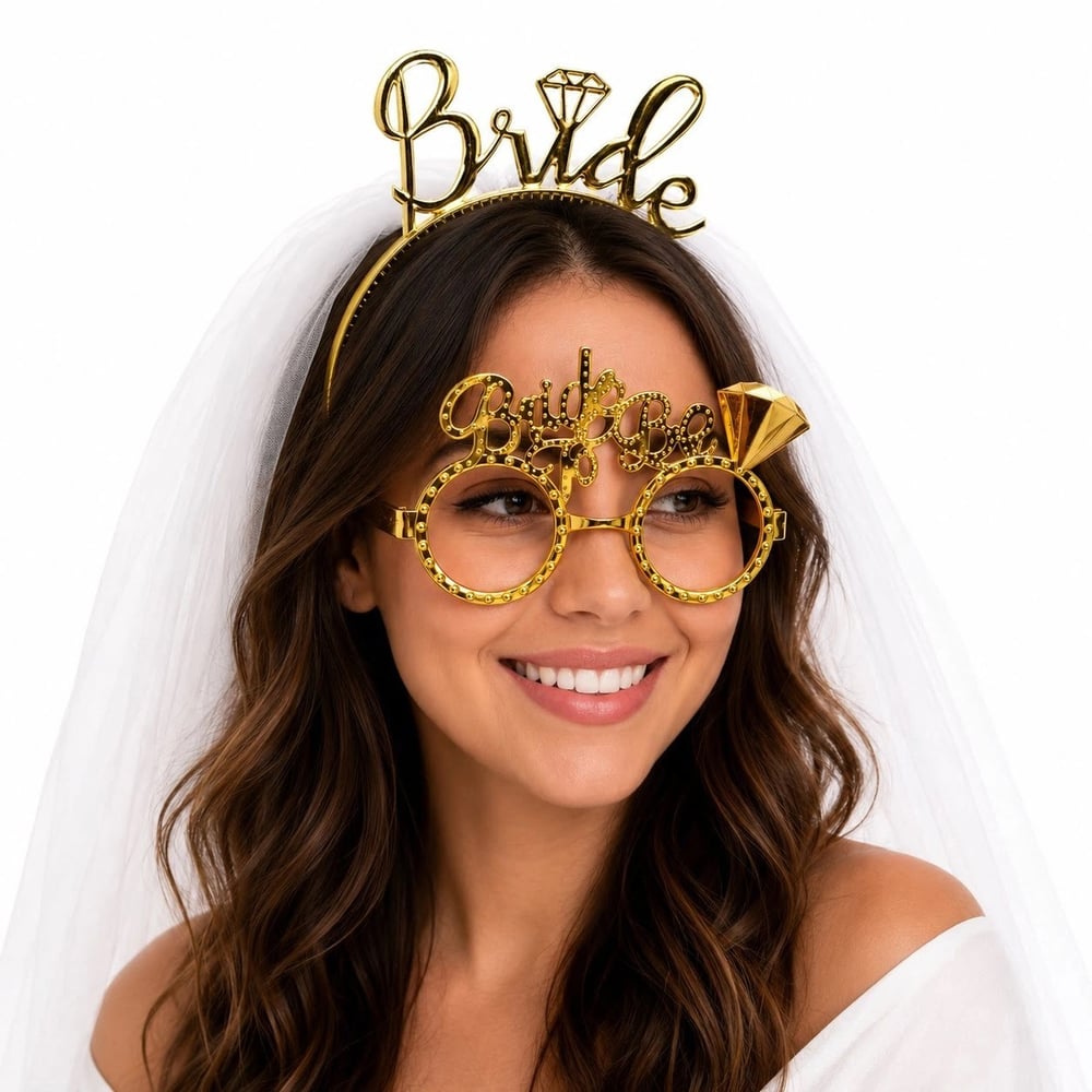 Mey İthalat® Bride Yazılı Gold Taç ve Parti Gözlüğü Seti