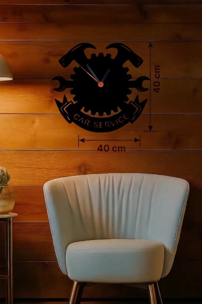 Mey İthalat® Car Service Temalı Ahşap Duvar Saati - 40x40 cm Teknik Servis Dekoru