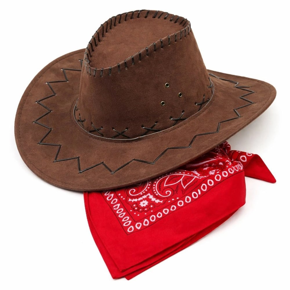 Mey İthalat® Çocuk Kovboy Şapka Kahverengi & Kırmızı Bandana Fular Seti