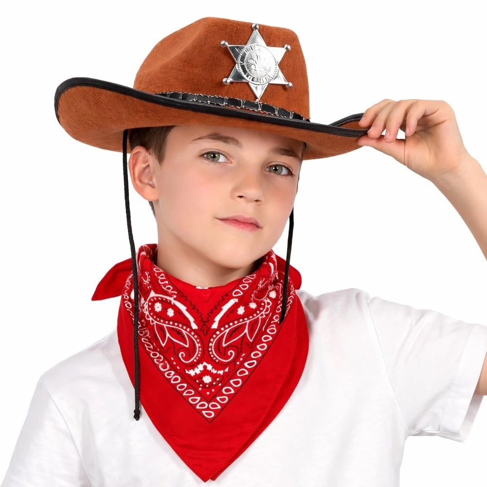 Mey İthalat® Çocuk Kovboy Şapka Rozetli Kahverengi & Kırmızı Bandana Fular Seti