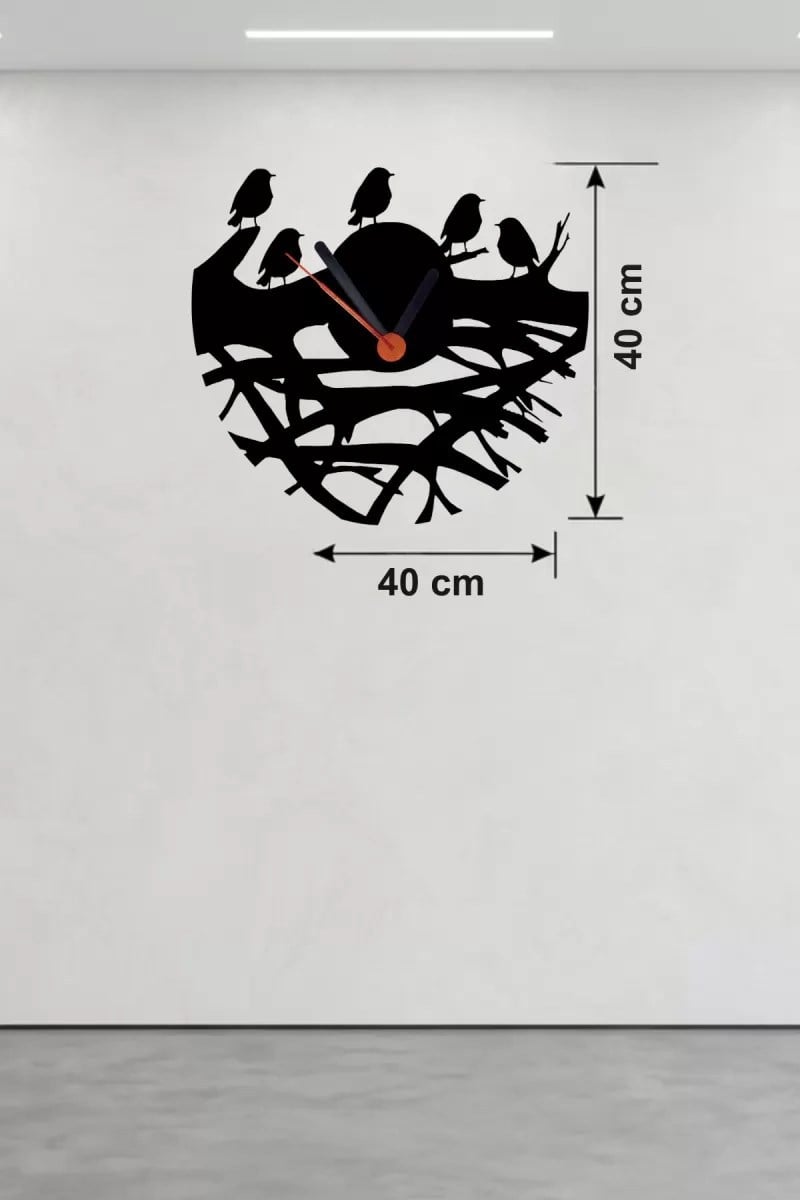 Mey İthalat® Dallarda Kuşlar Tasarım Ahşap Duvar Saati - 40x40 cm Dekoratif Saat