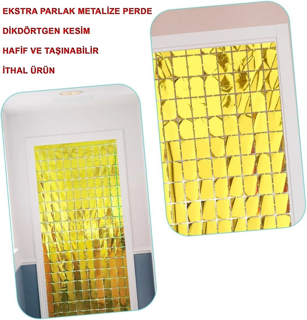 Mey İthalat® Ekstra Metalize Altın Renk Disko Dikdörtgen Kesim Kapı Perdesi Dekorasyon 1x2 Metre