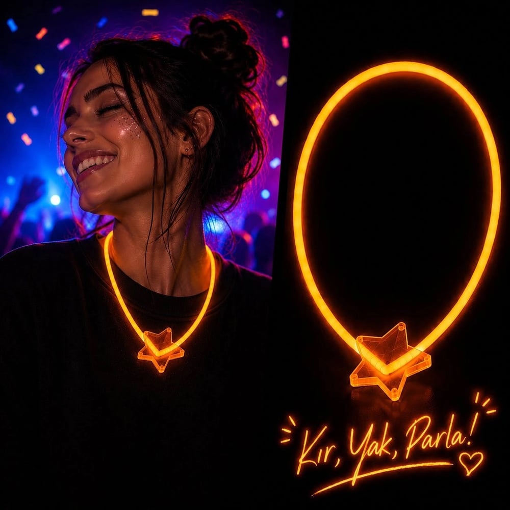 Mey İthalat® Fosforlu Yıldız Parti Kolyesi – Neon Işıklı Kolye Turuncu Renk