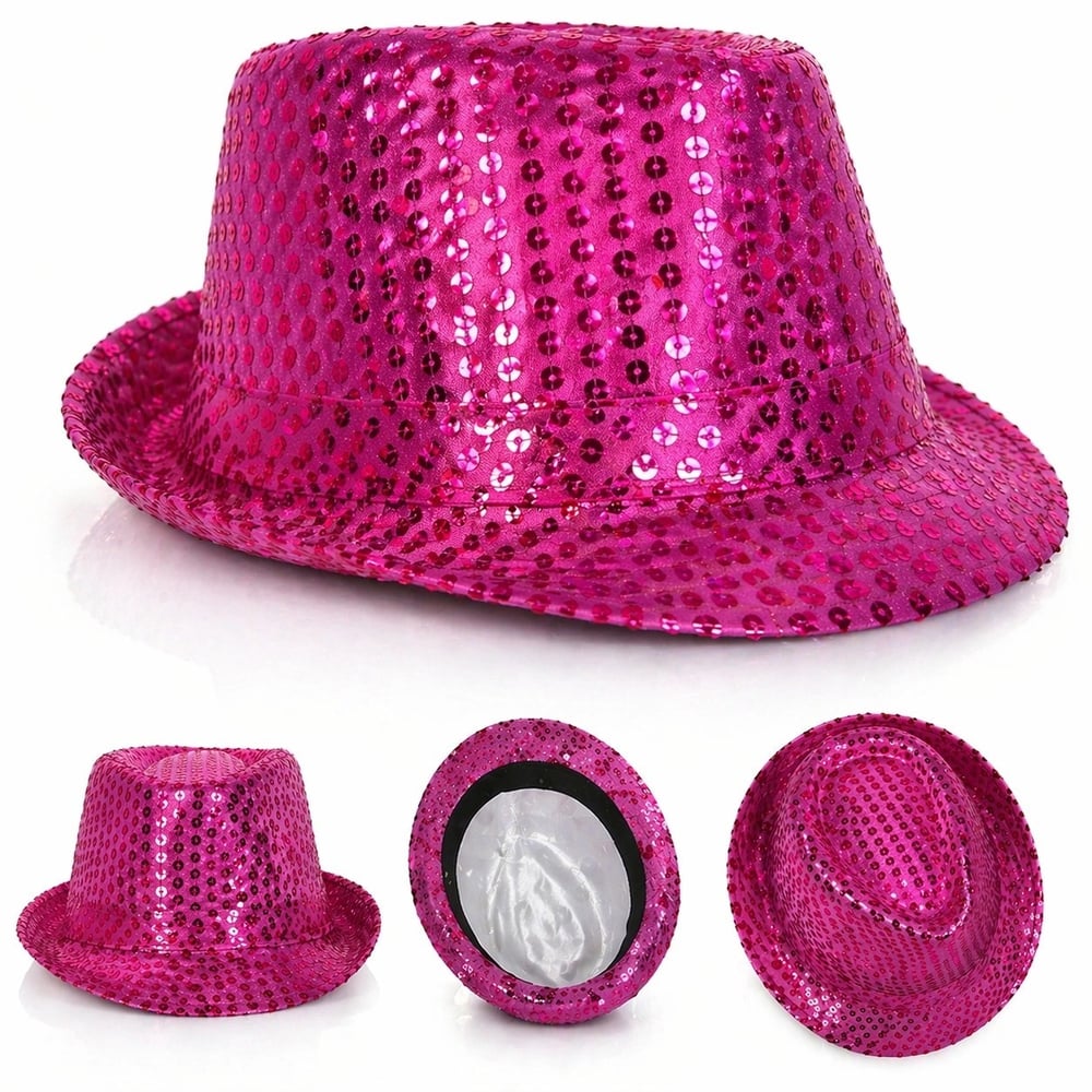 Mey İthalat® Fuşya Pembe Payetli Disco Parti Şapkası Yetişkin Işıltılı Fötr Model