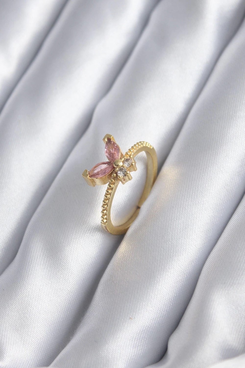 Mey İthalat® Gold Renk Pembe Zirkon Taşlı Kelebek Model Kadın Yüzük