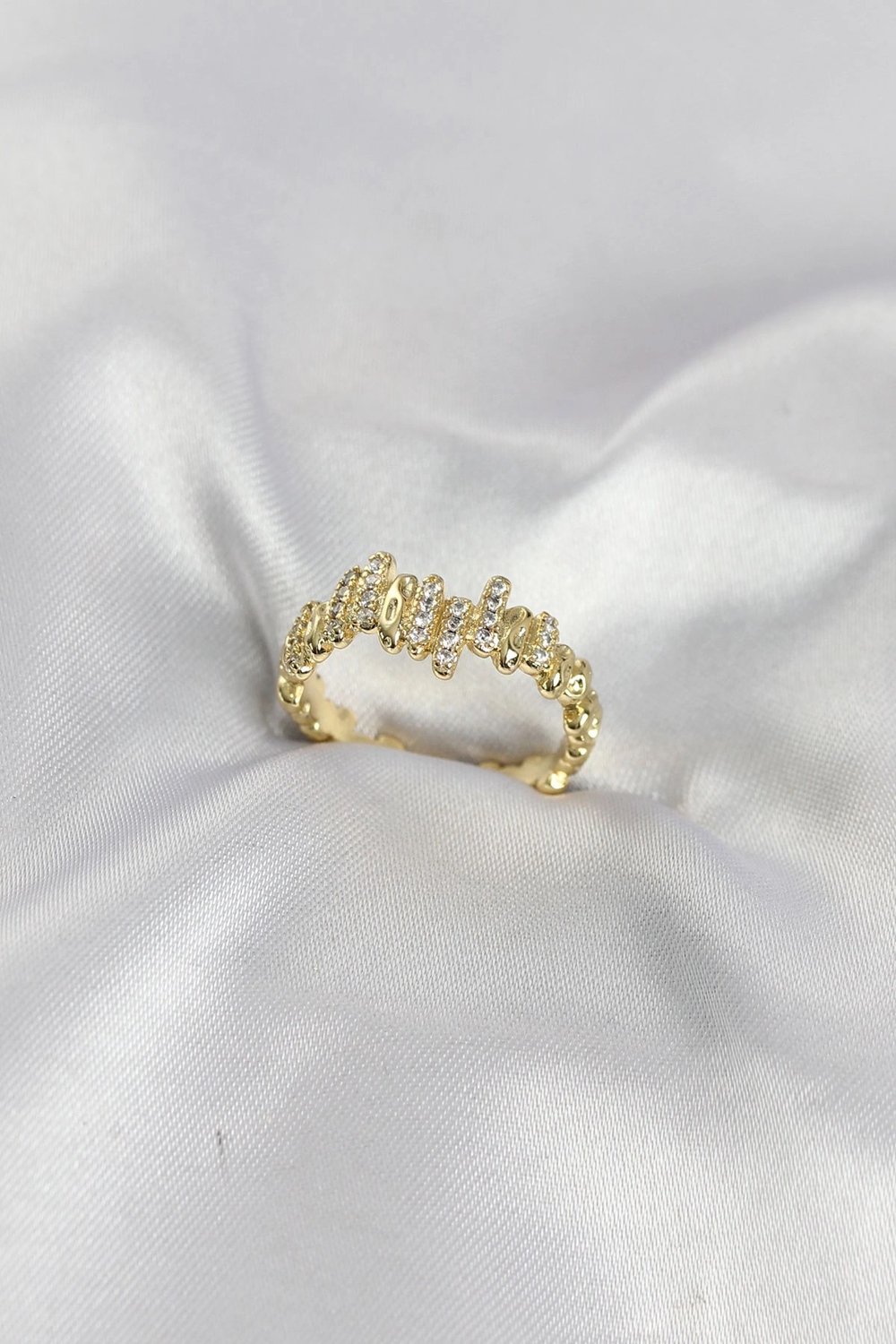 Mey İthalat® Gold Renk Pirinç Ritim Model Zirkon Taşlı Kadın Yüzük