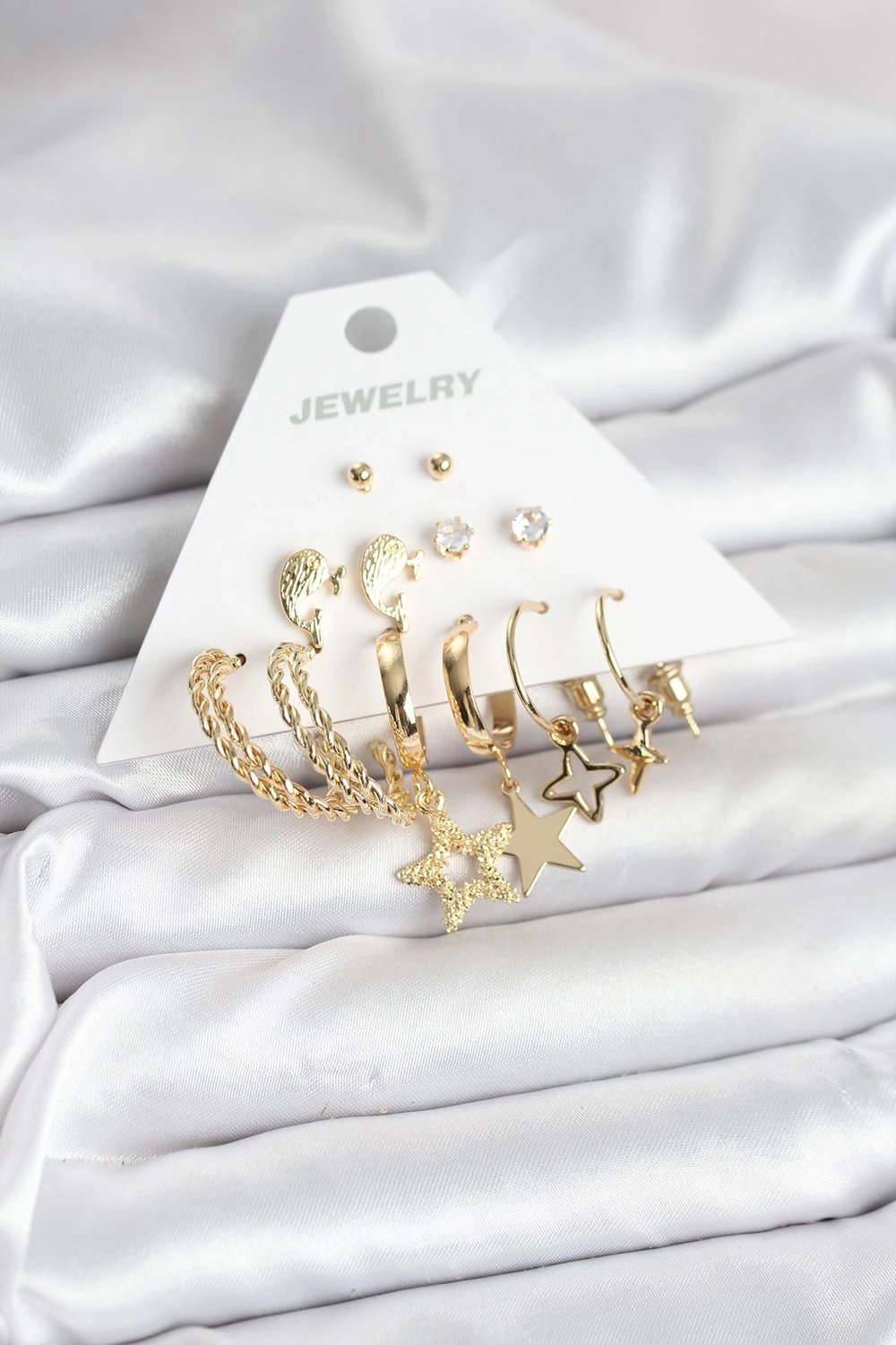 Mey İthalat® Gold Renk Yıldızlı Set 6 Çift Kadın Küpe Seti