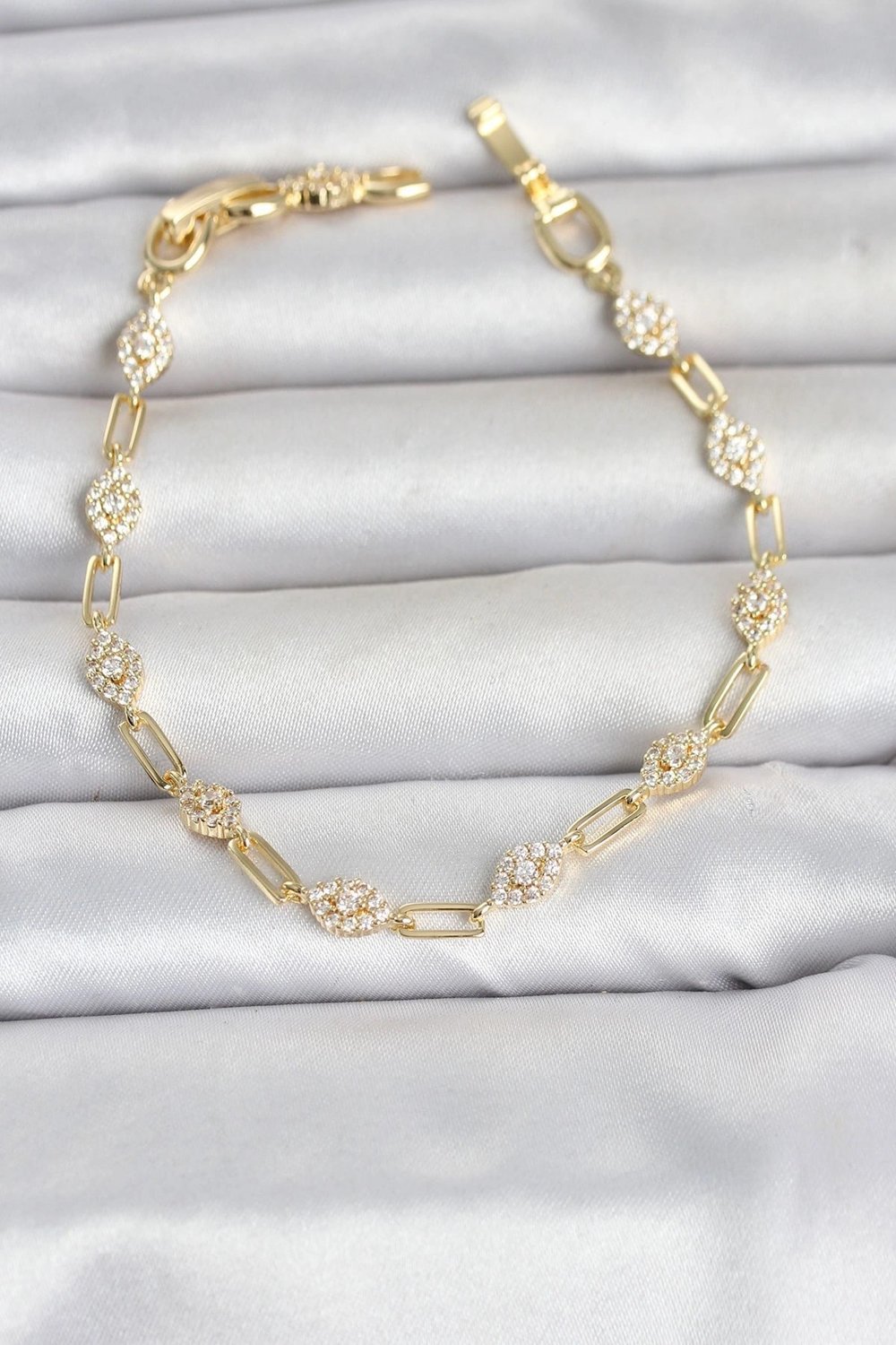 Mey İthalat® Gold Renk Zirkon Taşlı Ataç Zincir Model Kadın Bileklik