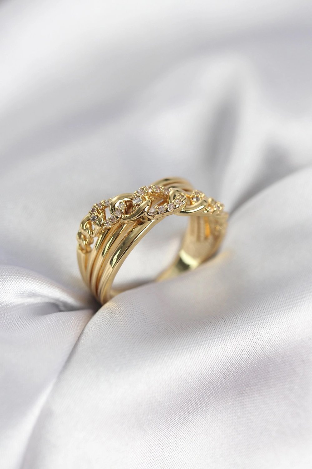 Mey İthalat® Gold Renk Zirkon Taşlı Zincir Model Kadın Yüzük