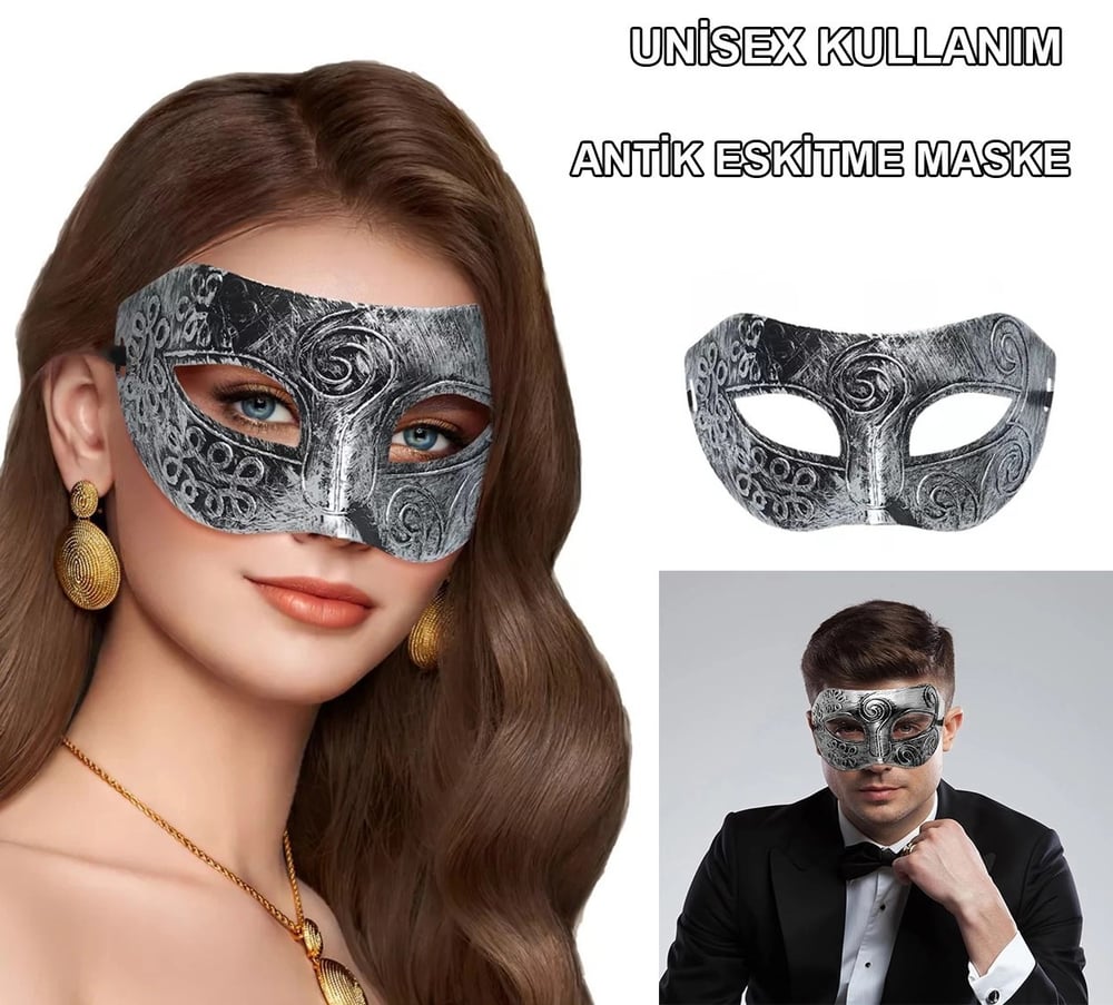 Mey İthalat® Gümüş Eskitme Yüz Maskesi - Antik Tarz Balo Maskesi
